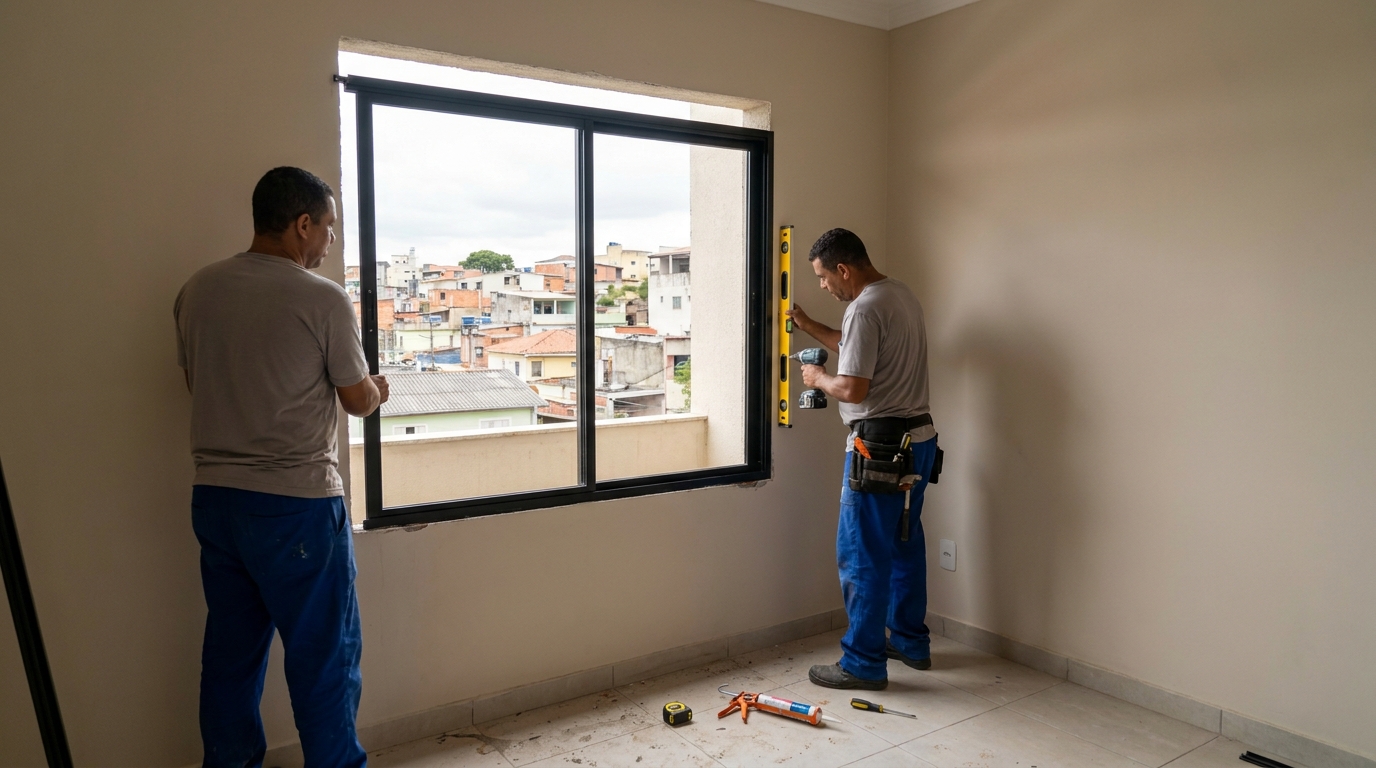 Esquadria de alumínio em quarto bege em Patos de Minas-MG