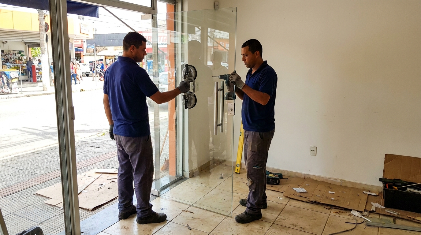 Porta de vidro de loja em rua movimentada em Patos de Minas-MG